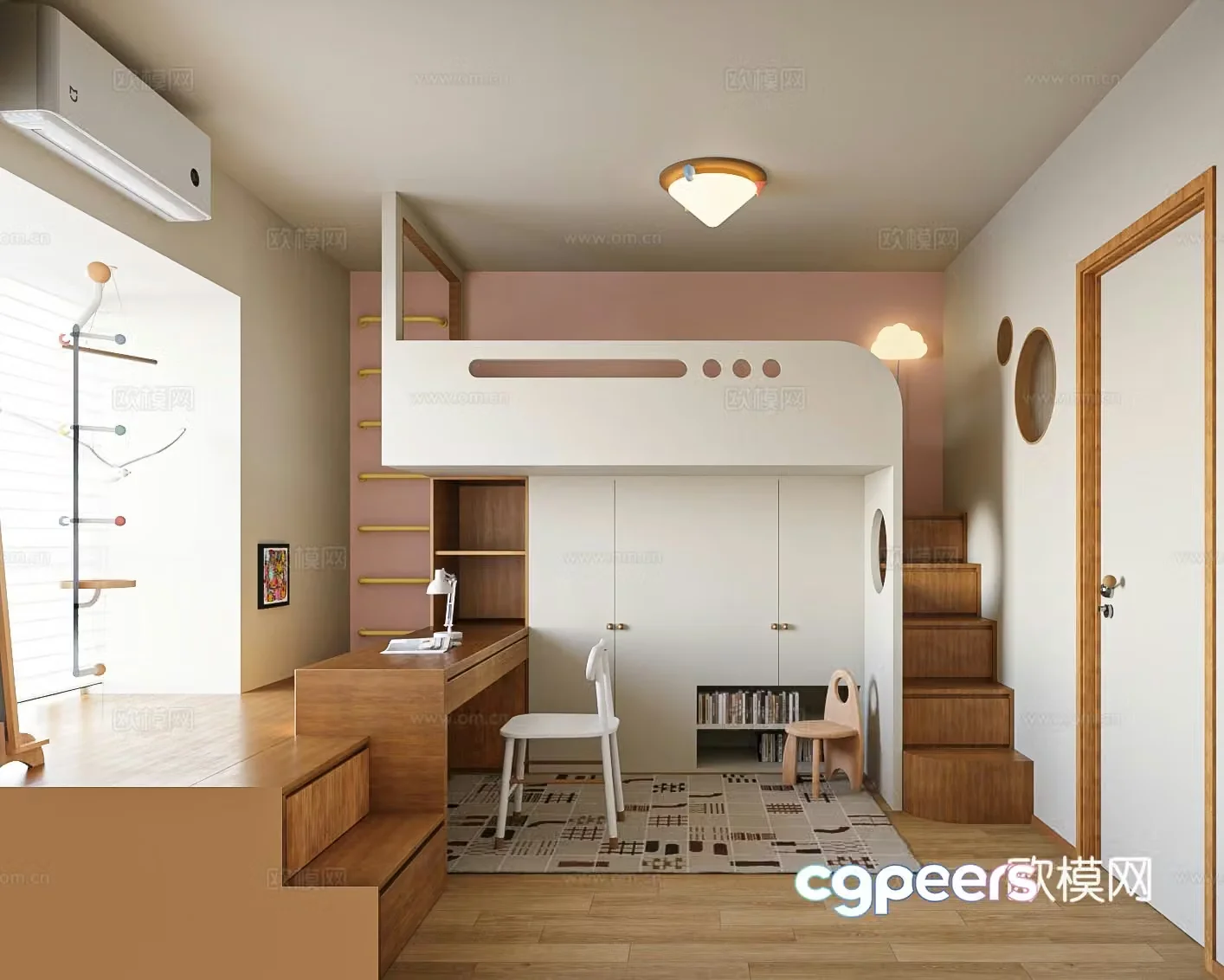 Modern log style children’s room bed desk children’s room cabinet customization children’s fun 3D model