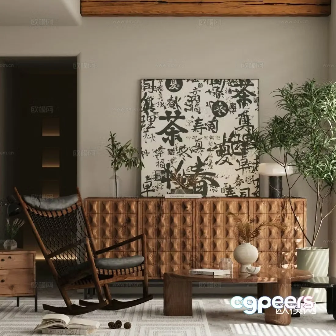 Medium style chest cabinet medium style leisure chair potted plant solid wood coffee table medium style entrance cabinet chest cabinet 3d model
