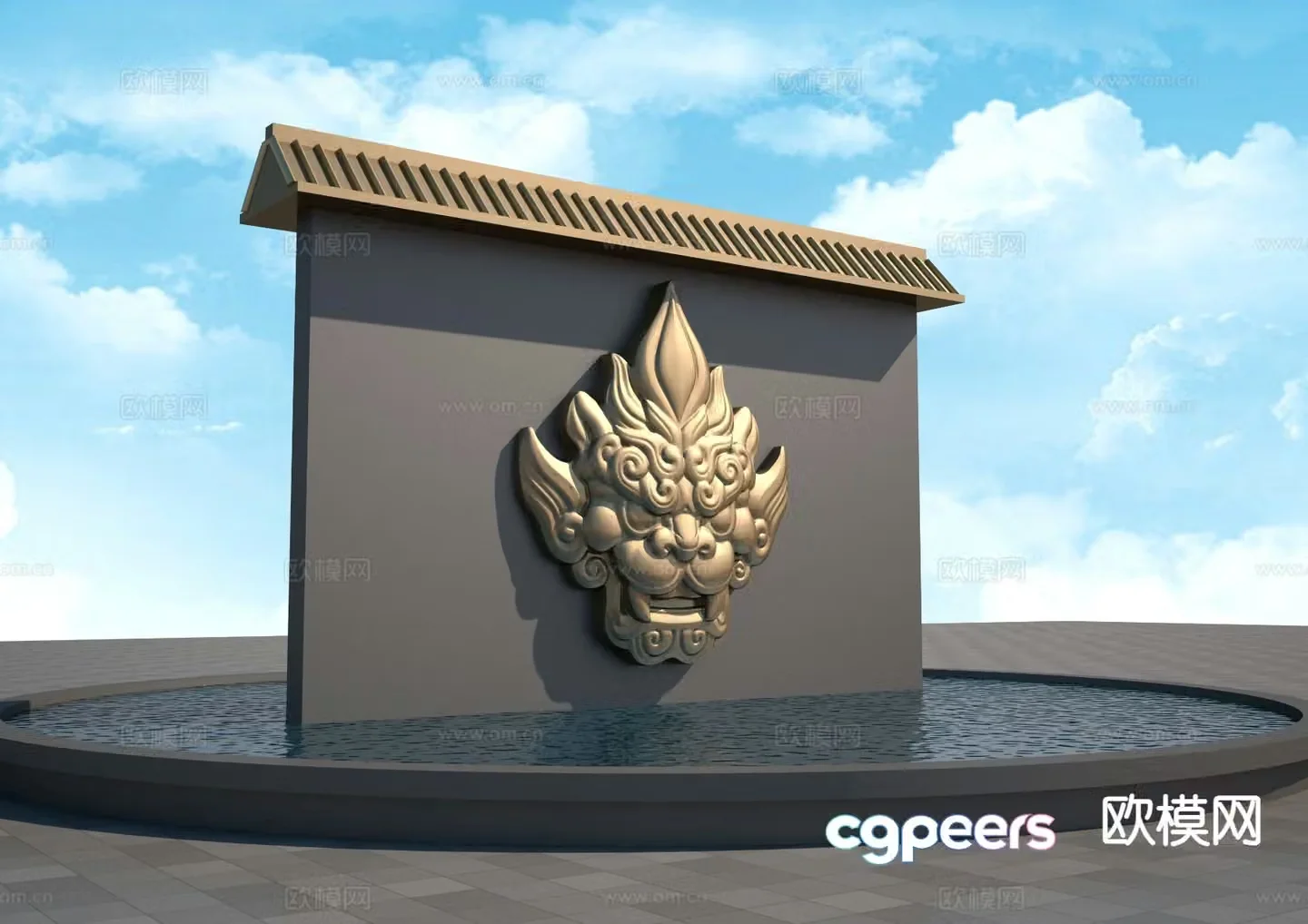 New Chinese style landscape wall animal pattern relief landscape wall 3D model