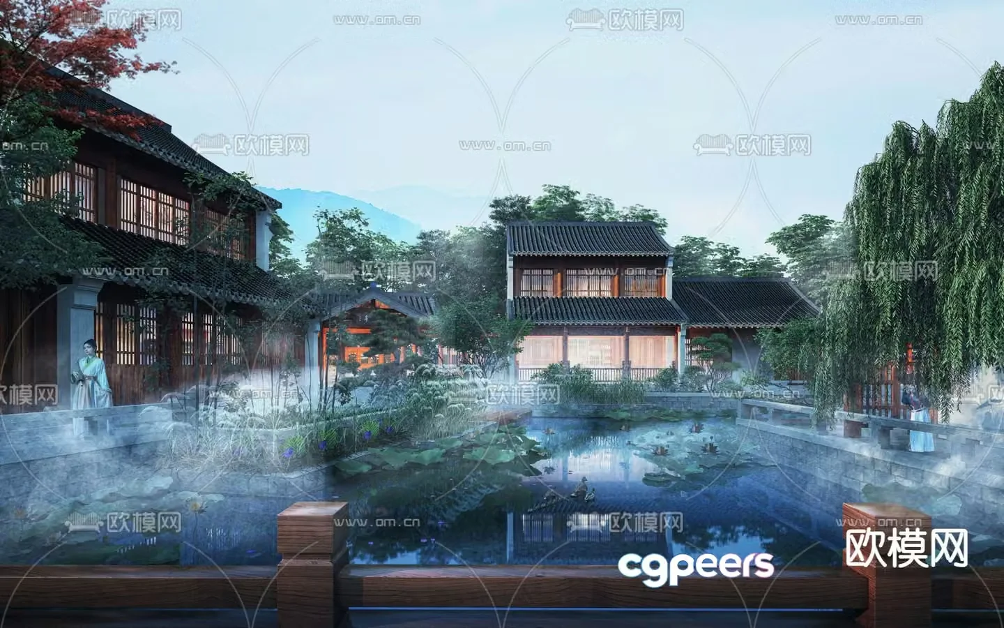 New Chinese style ancient building scenic park 3D model