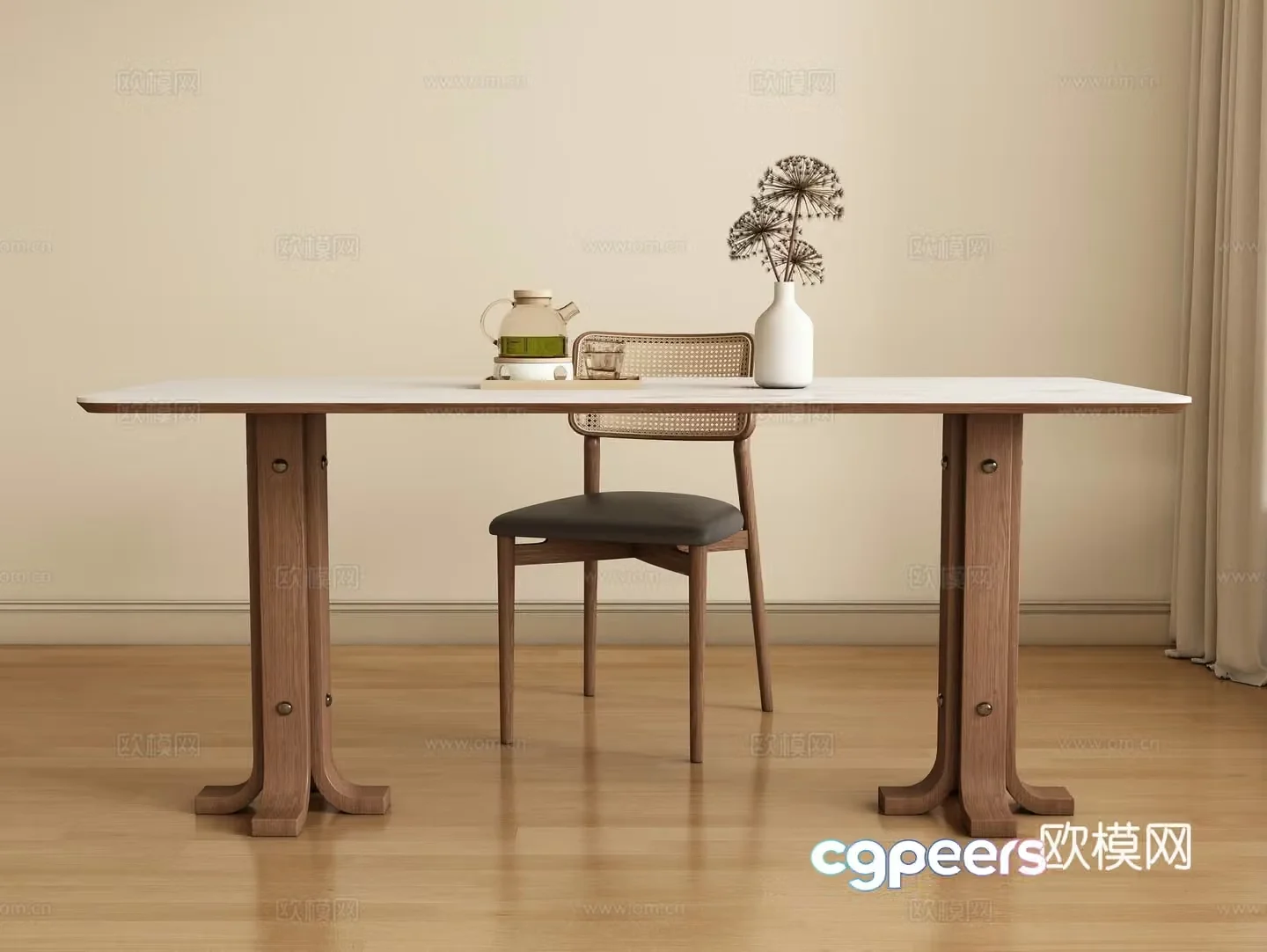 Modern medieval style long dining table and chair 3D model
