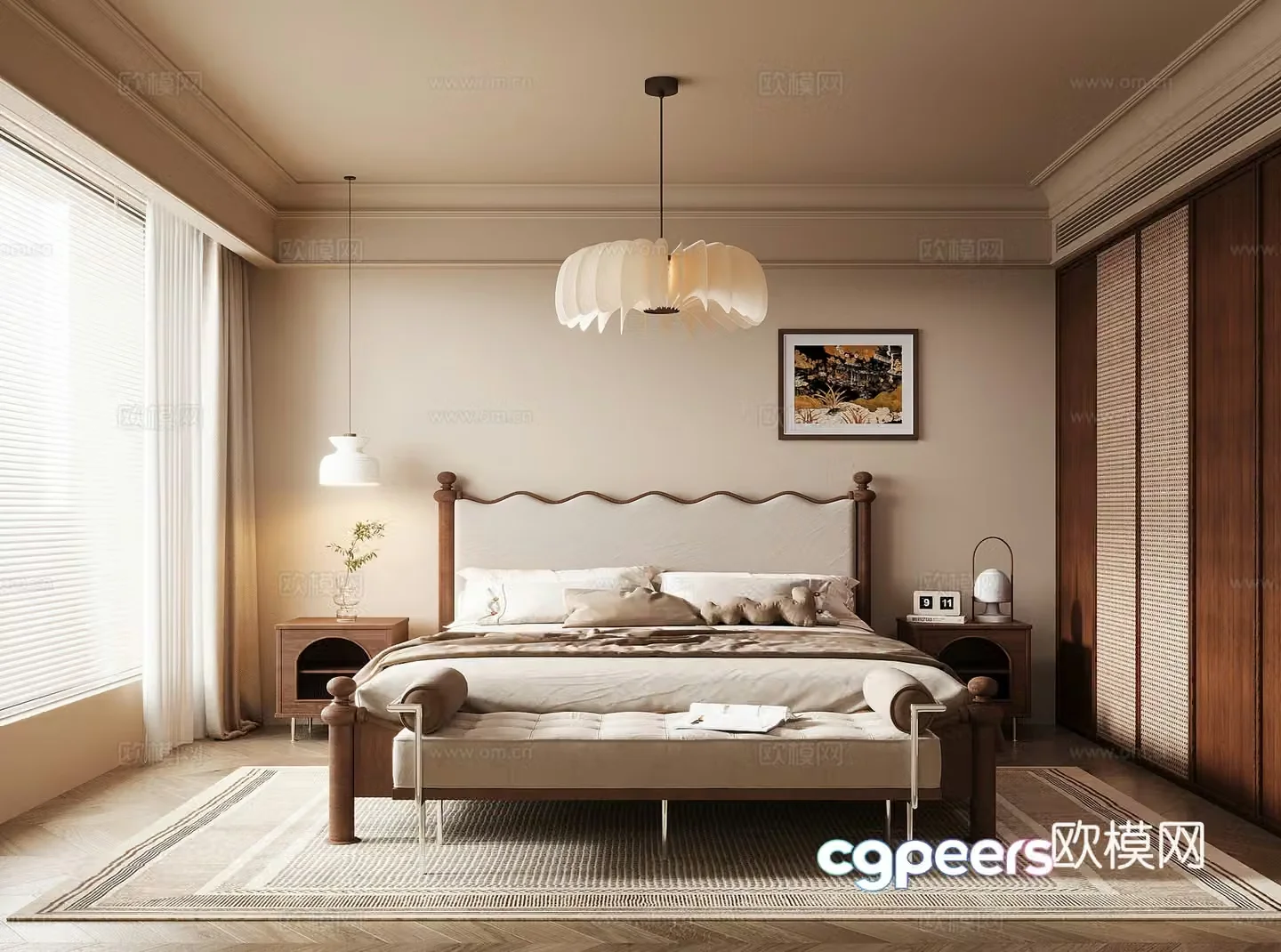 Middle style bedroom wardrobe double bed 3d model
