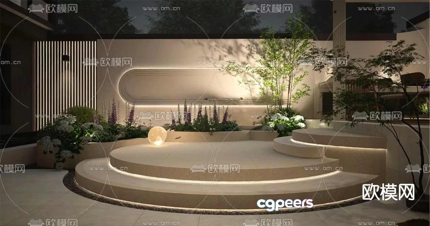 Courtyard landscape flowing water feature wall fish pond 3D model