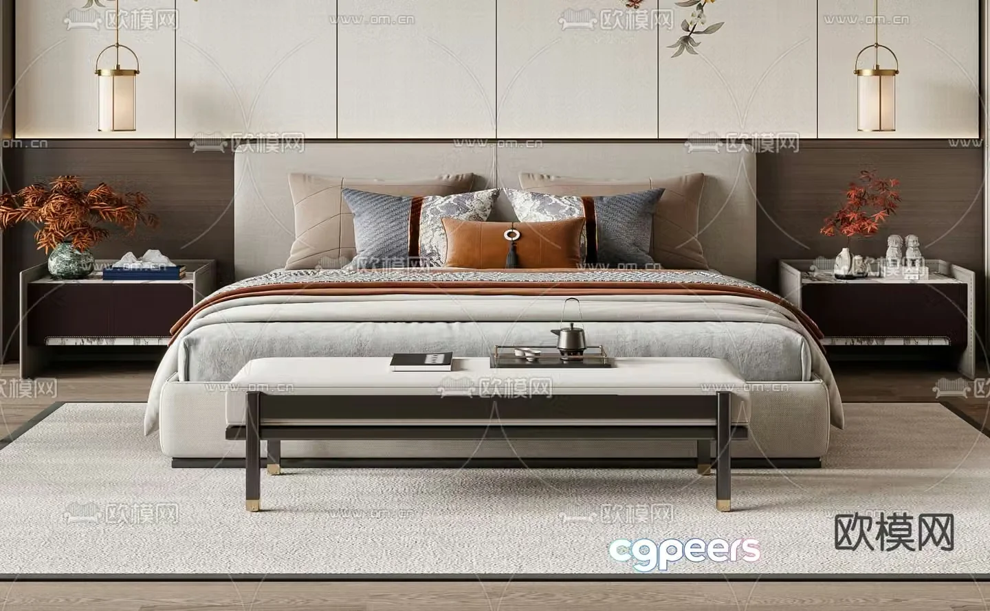 New Chinese style double bed 3d model