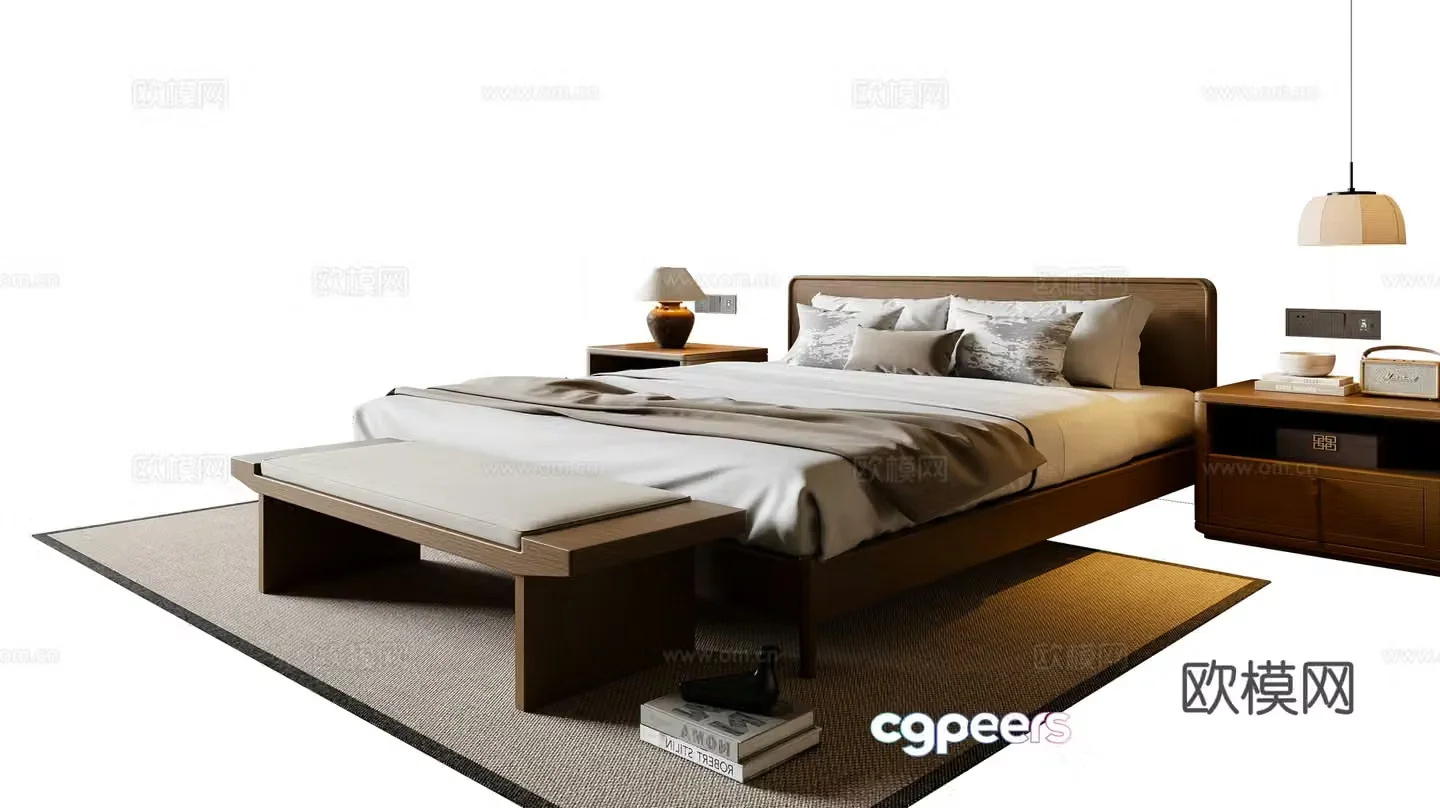 New Chinese Song style double bed nightstand chandeliers carpet 3d model