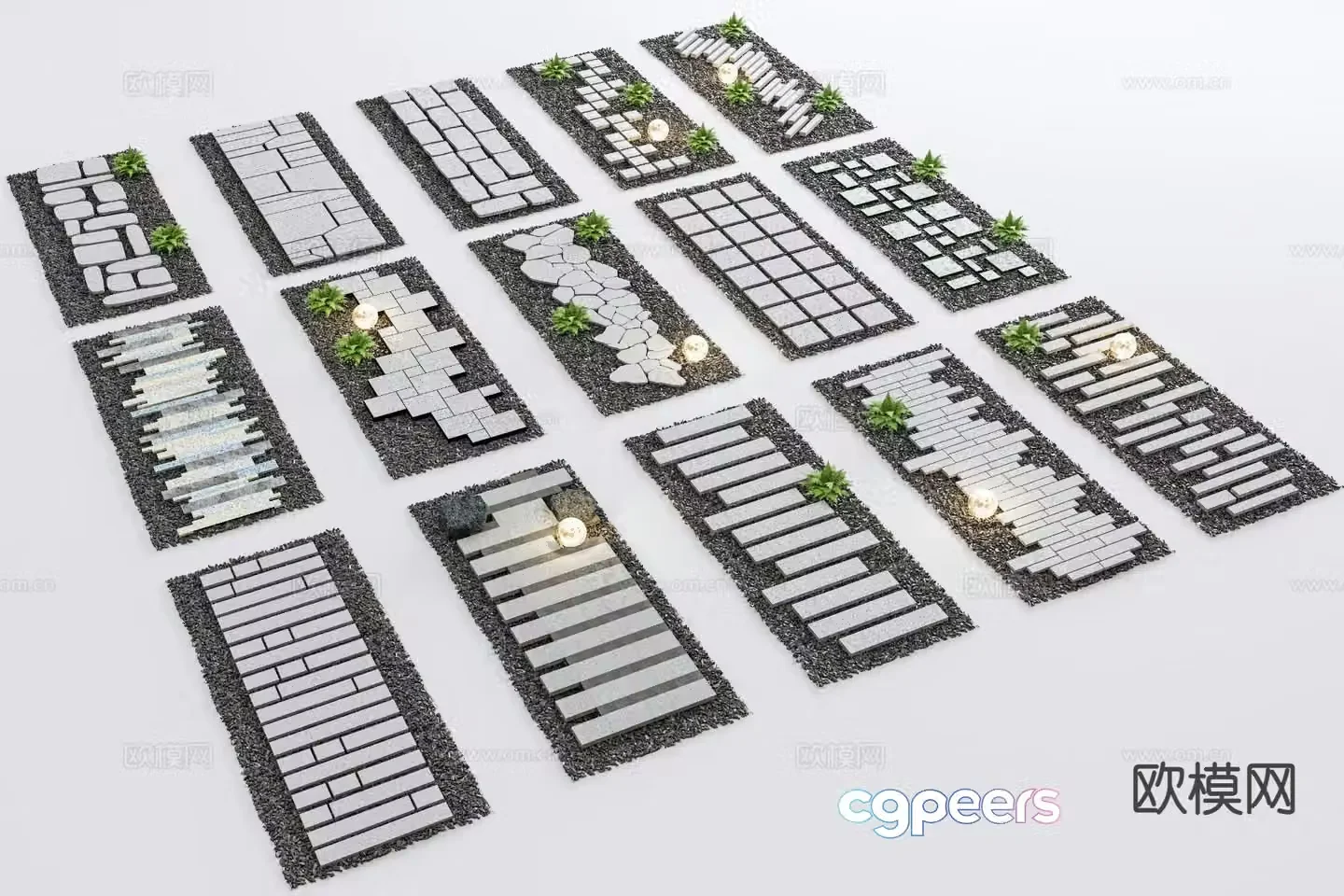 Chinese style Tingbu stone paving courtyard garden road sketch 3D model