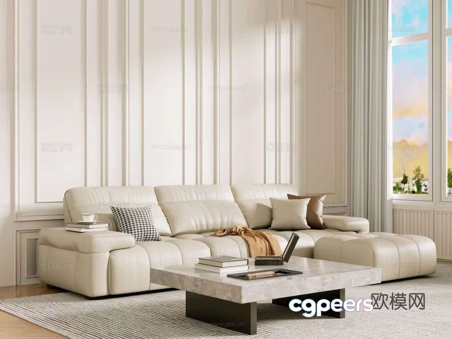 Middle-aged sofa combination coffee table carpet multi-person sofa 3D model