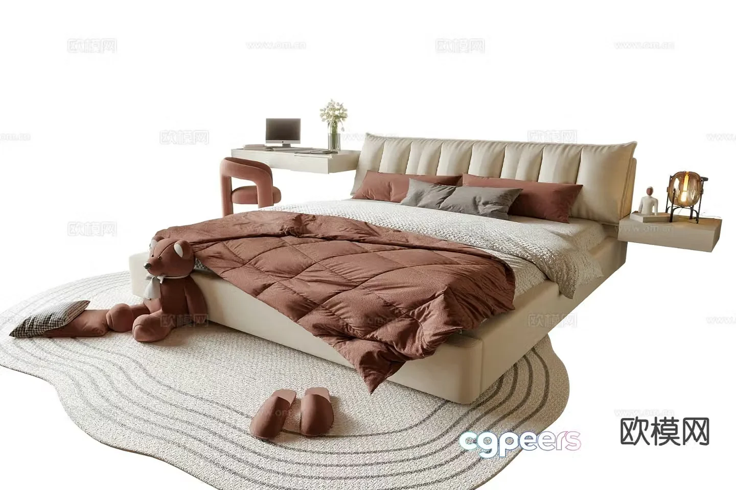 Cream style double bed 3d model