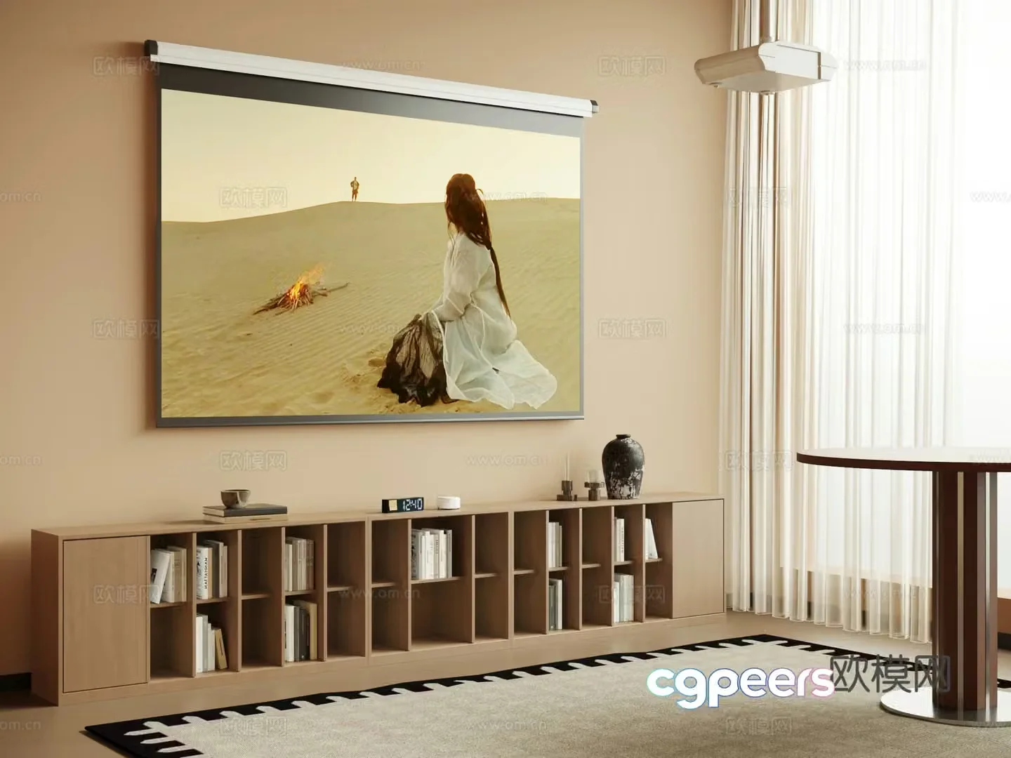 Middle-aged low cabinet bookcase projector curtain 3d model