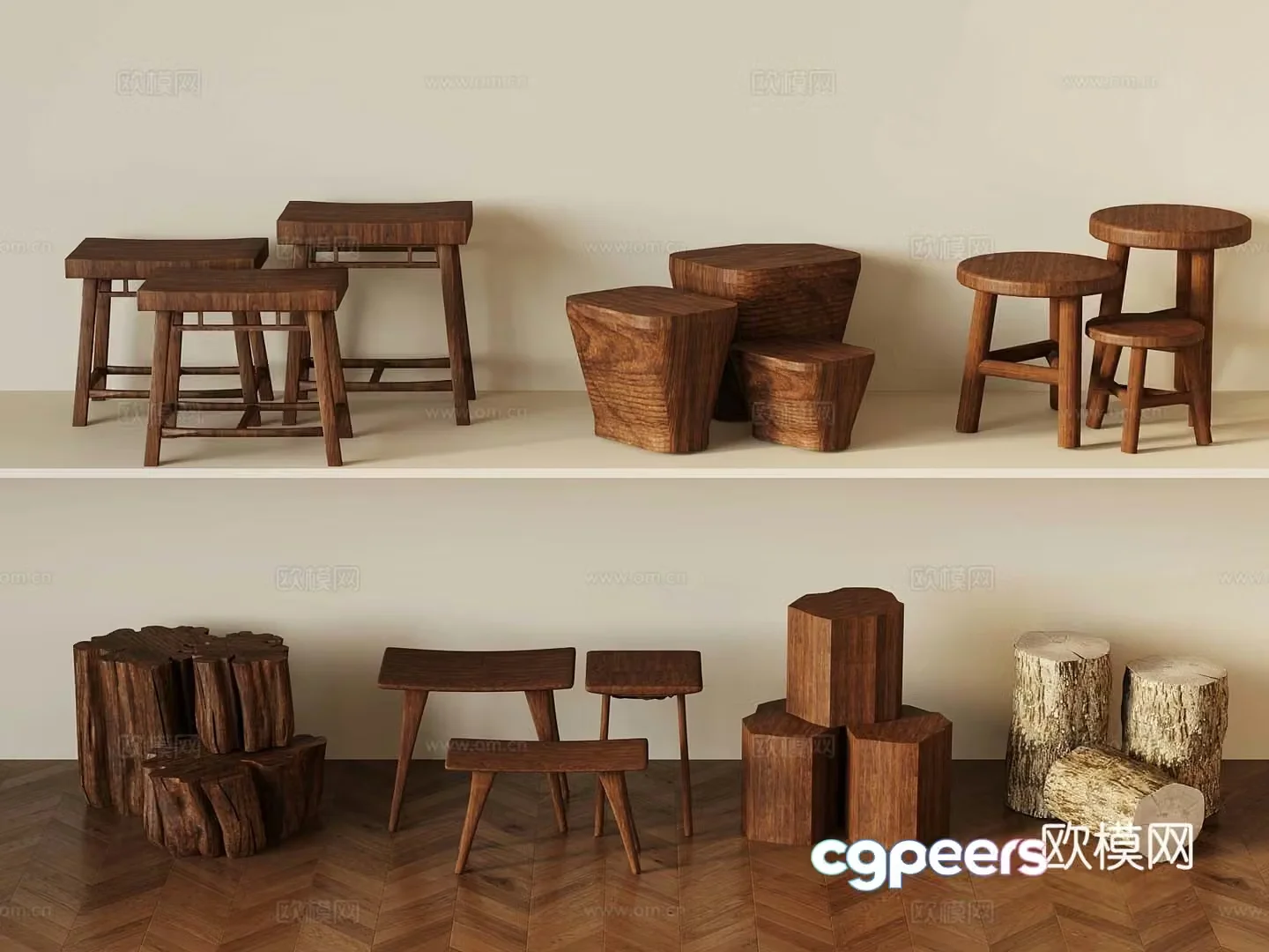New Chinese stool wooden stool round stool wood 3d model
