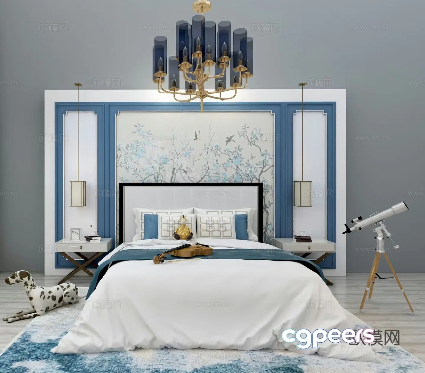 Modern background double bed bed modern simple double bed bed nightstand chandelier bed combination 3d model