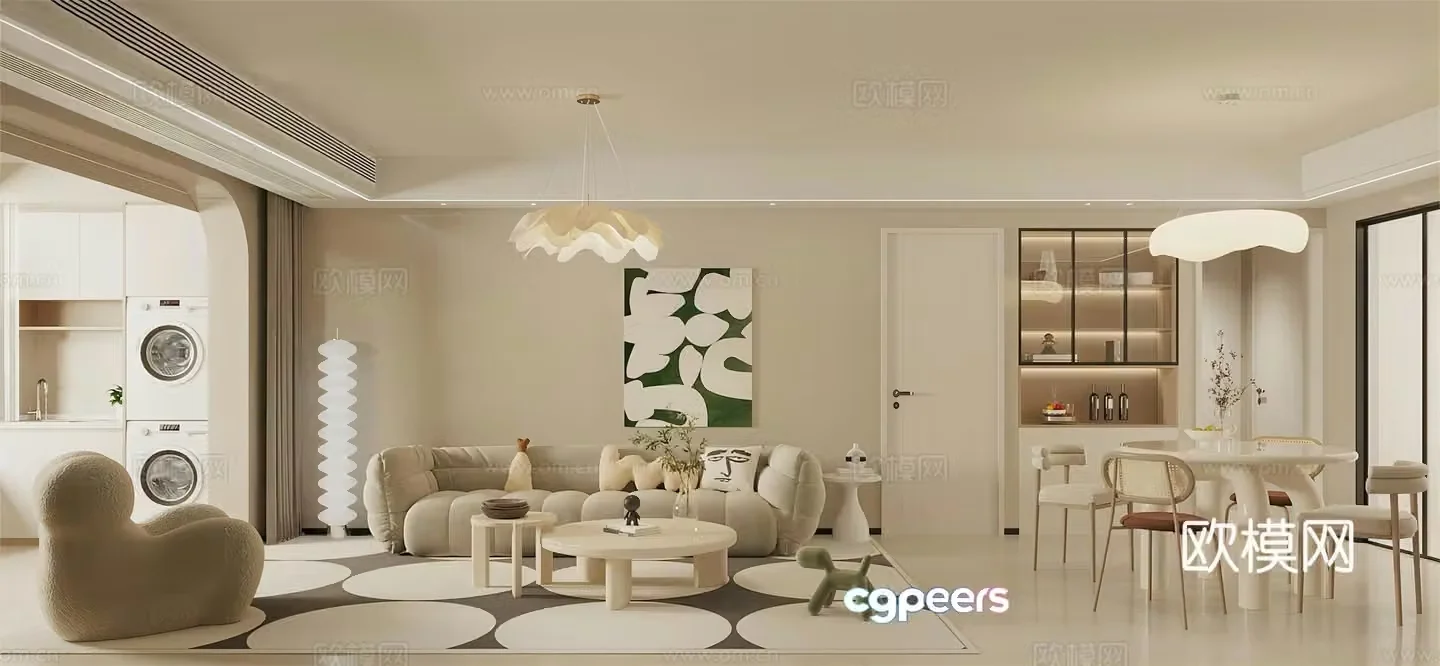 Creamy style home living and dining room sofa coffee table combination marshmallow sofa multi-person sofa leisure chair 3d model