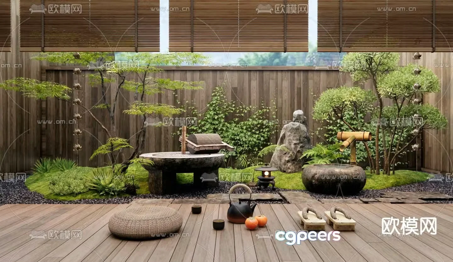 Japanese courtyard landscape indoor water feature 3d model