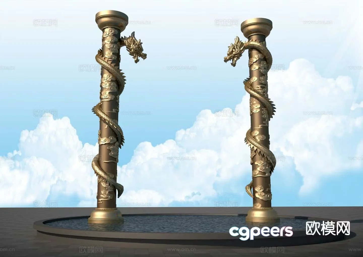 Dragon Column Sculpture Square Sculpture 3D Model