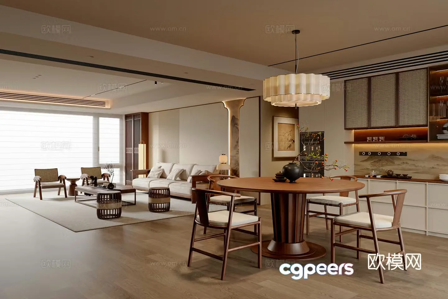 New Chinese Song style style restaurant round table sideboard dining table chair sofa coffee table combination chandelier 3d model