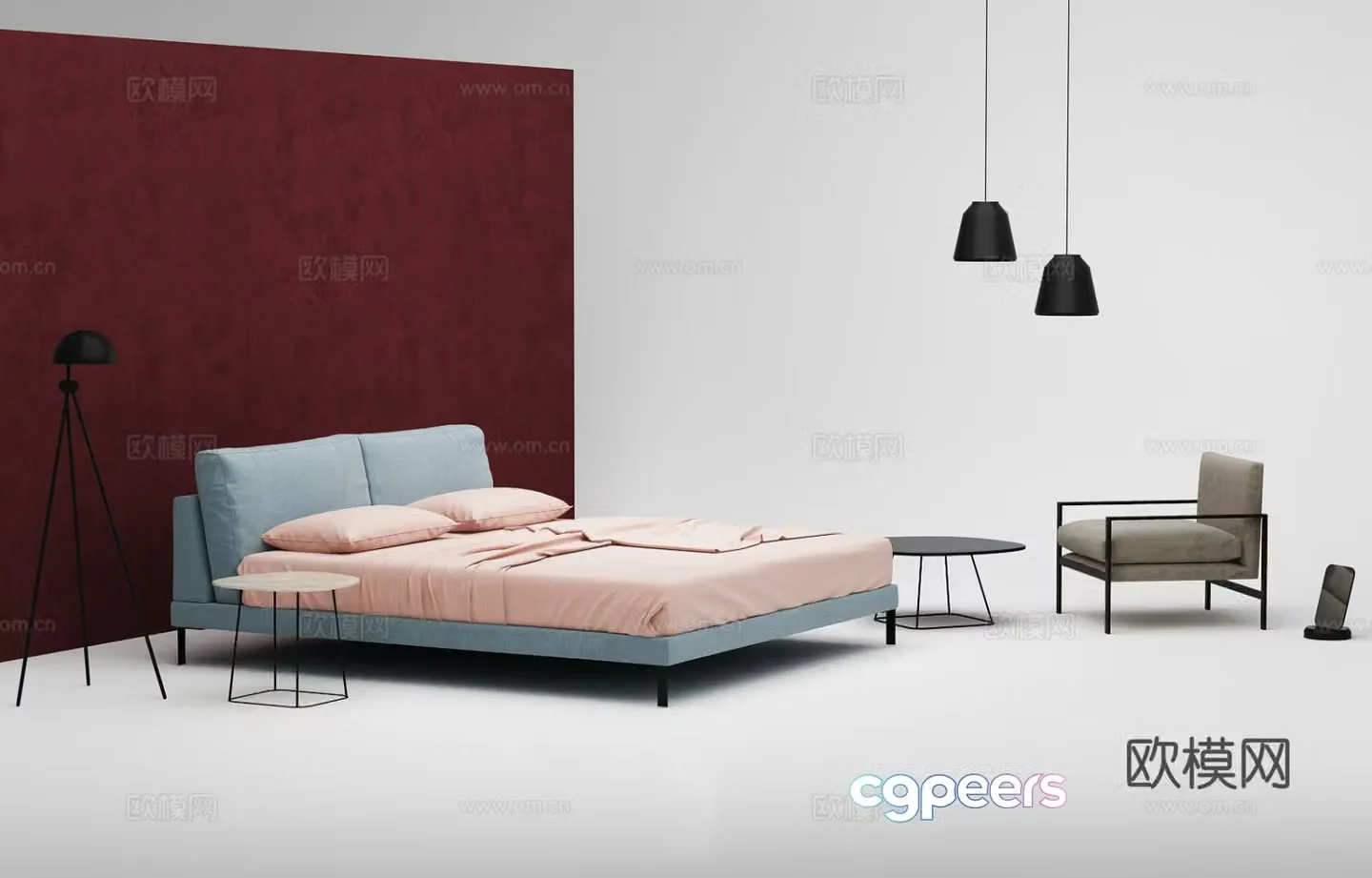 Modern style double bed combination coffee table seat 3d model