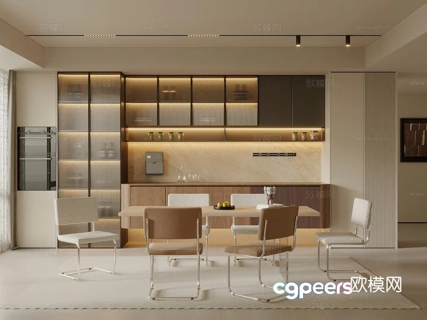 Middle style restaurant dining table chair wine cabinet 3d model