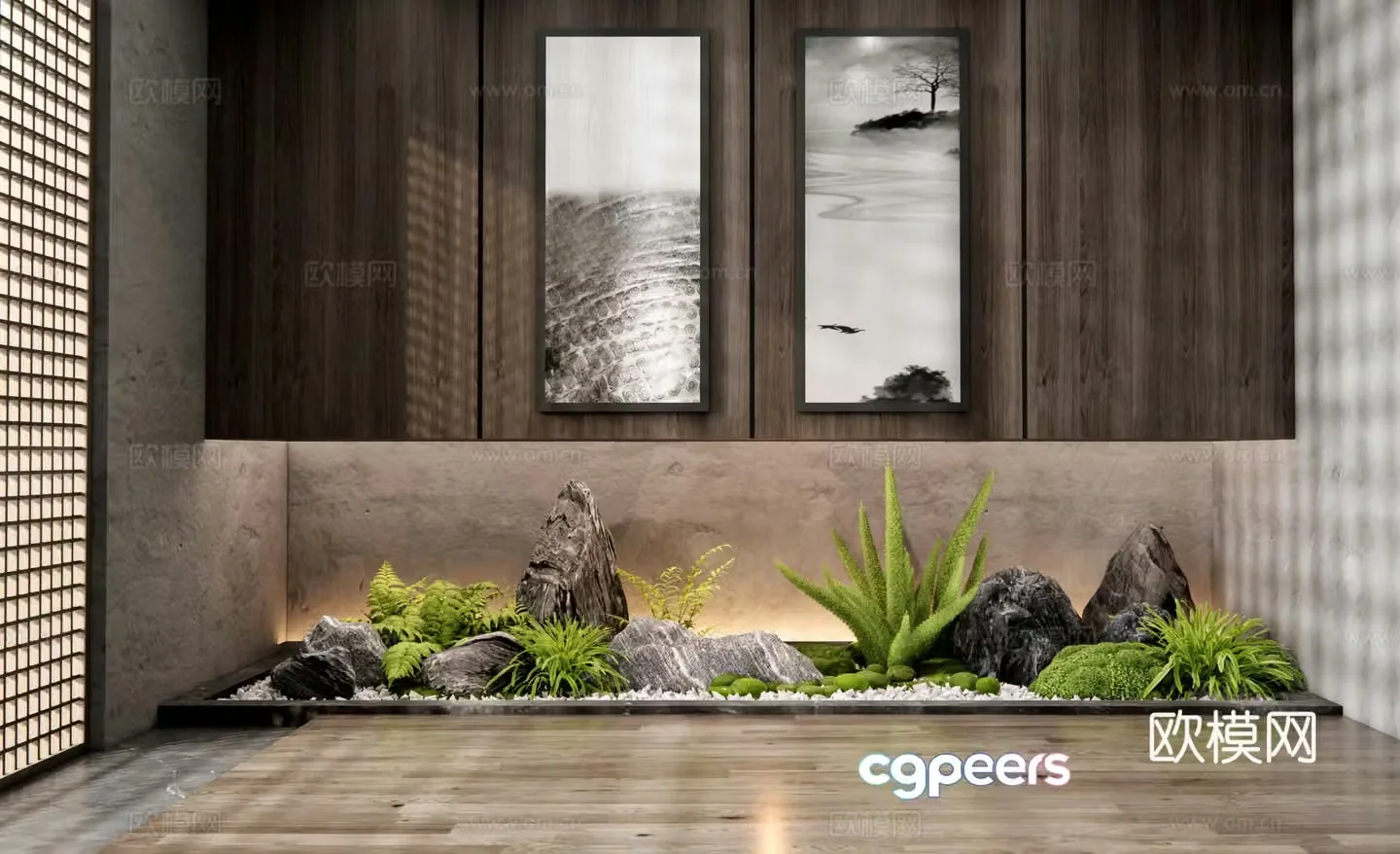 Japanese garden sketch Indoor landscape Plant landscaping Stone Moss Landscape Plant pile 3D model