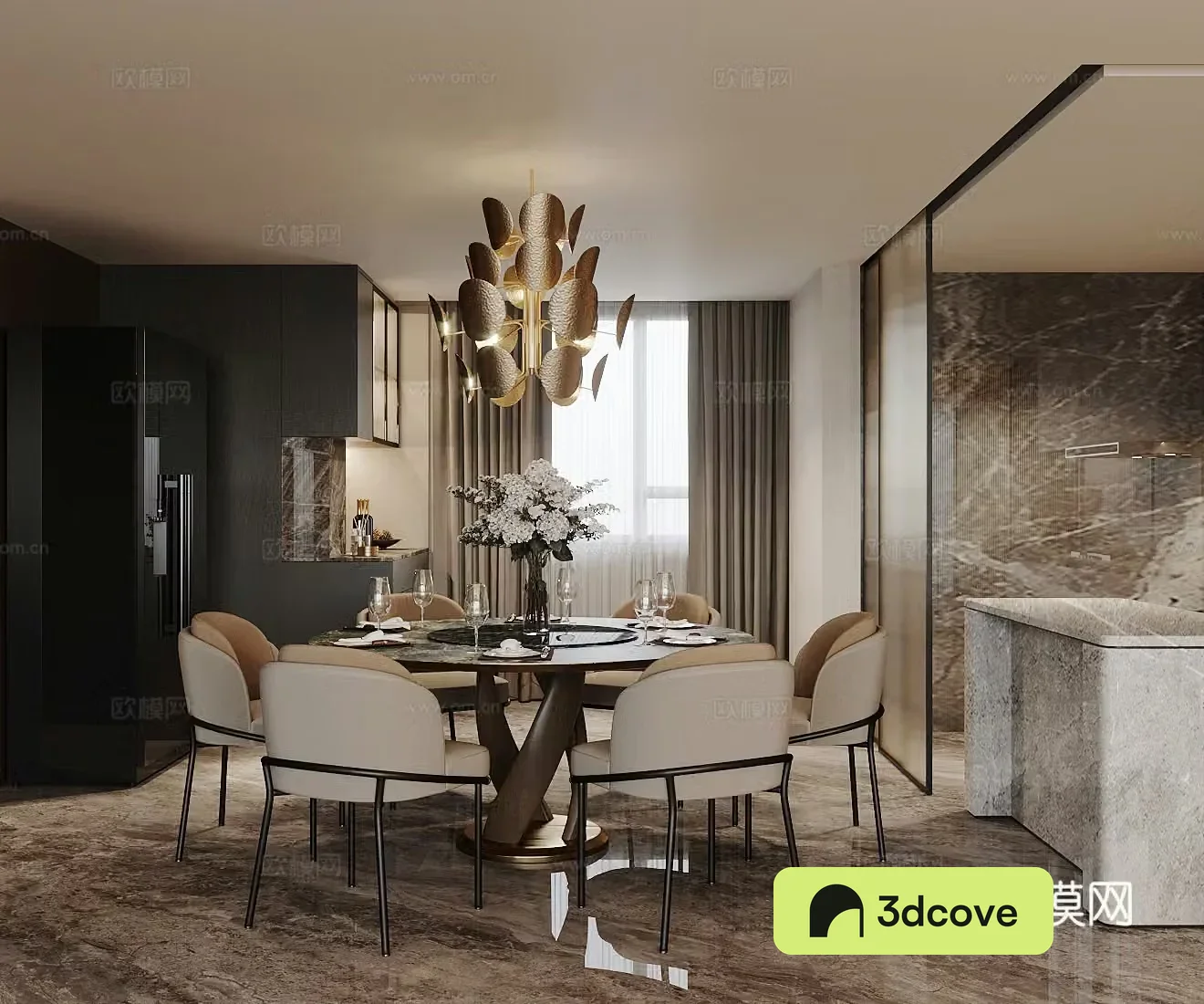 Light luxury Italian round table restaurant Marble restaurant Open restaurant Italian dining chair cloth chair Dining table