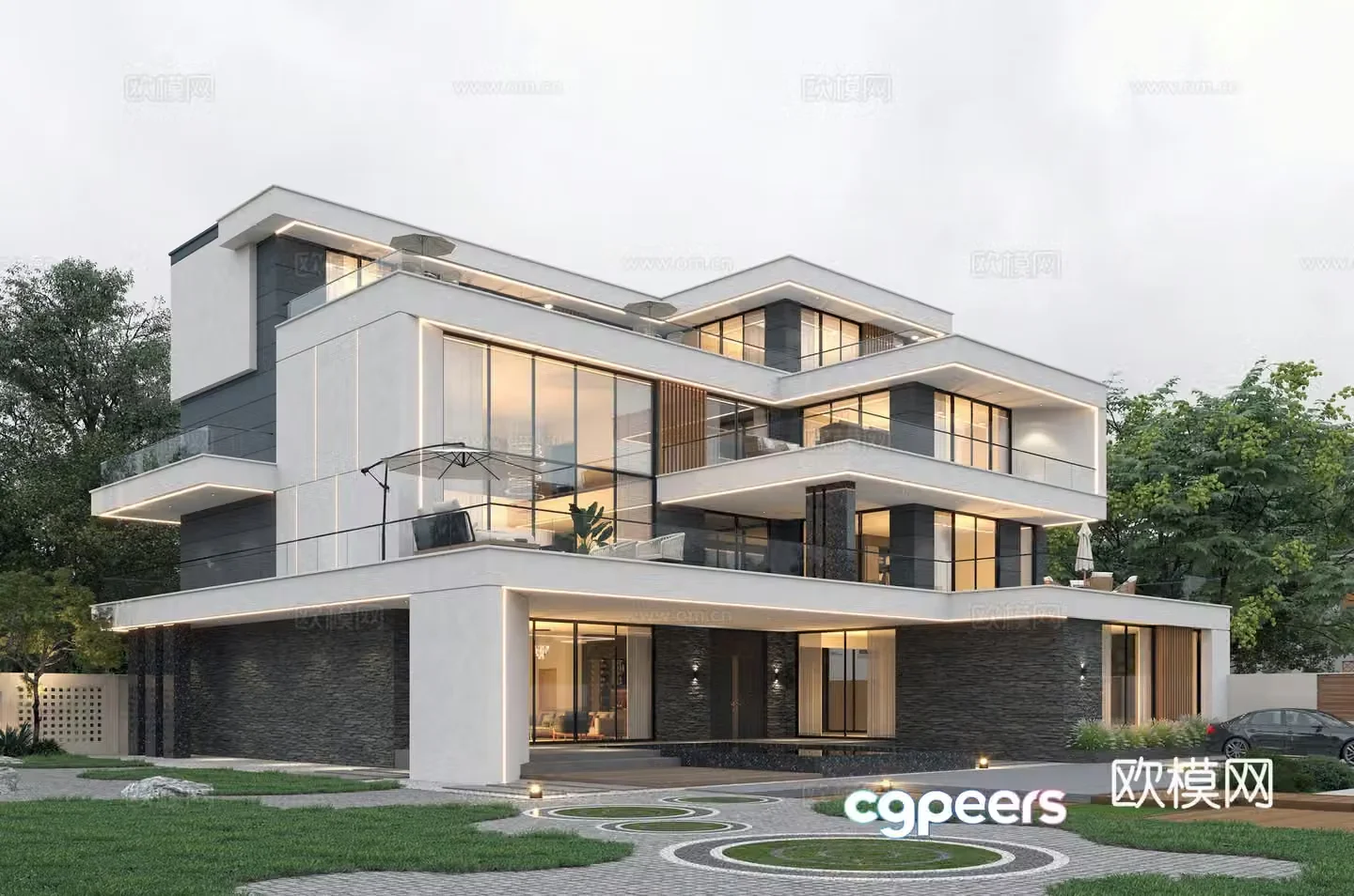 Modern villa night view building exterior courtyard fence 3d model