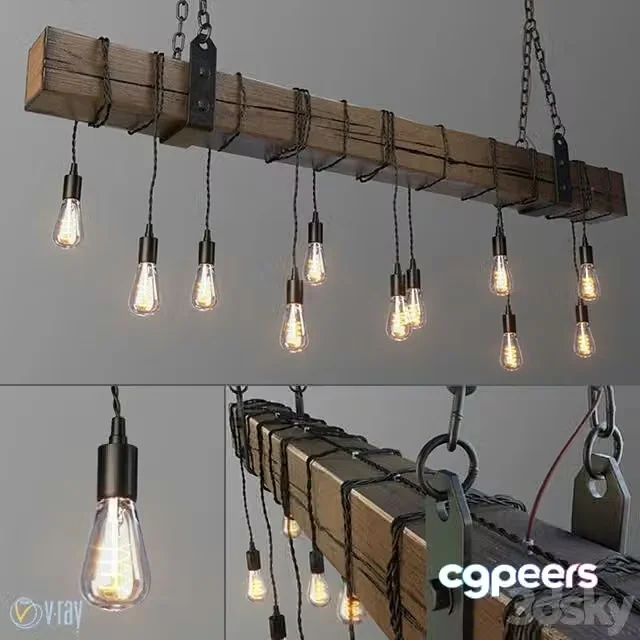 3ds Max Free – Wood Beam Chandelier With Vintage Style Edison Bulbs