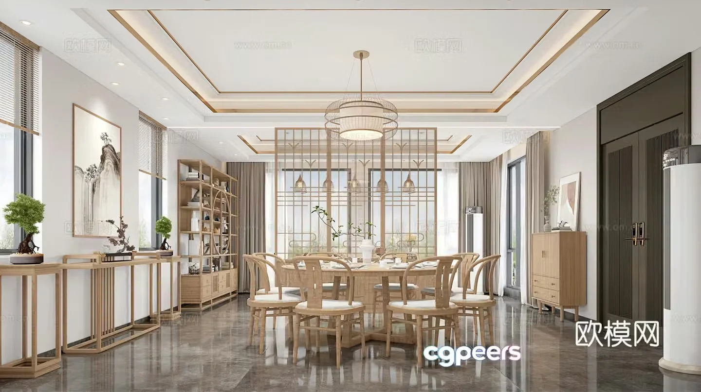 Middle style restaurant restaurant round table restaurant cabinet table chair combination 3D model