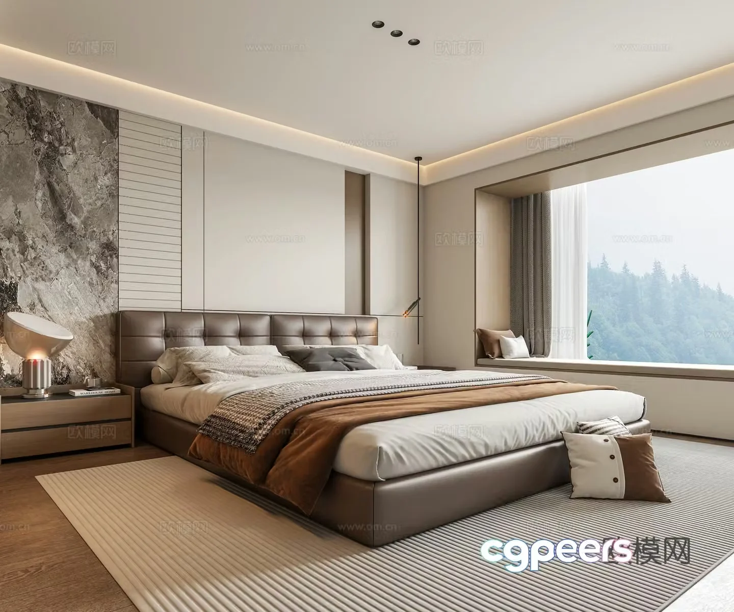Italian light luxury home bedroom bay window bedroom without owner light leather double bed bedside table hanging line light 3D model