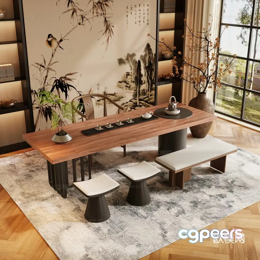 New Chinese style Zen tea room solid wood tea table and chair combination solid wood tea table and chair tea room cabinet tea room background 3D model