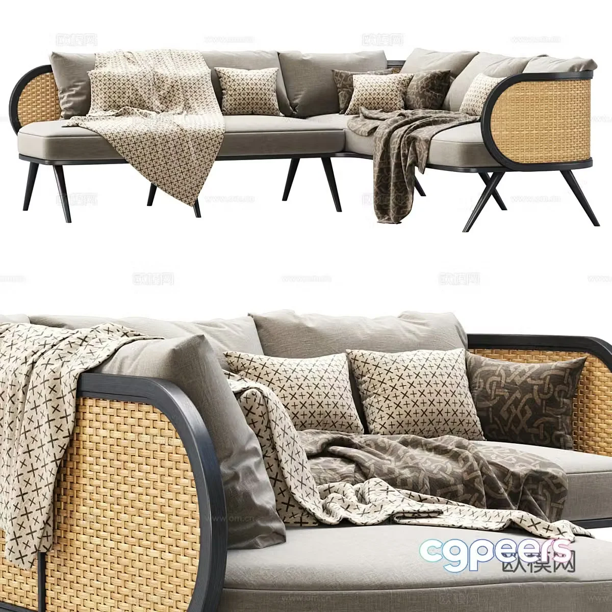 New Chinese Victoria Wooden Rattan Corner Sofa 3D Model