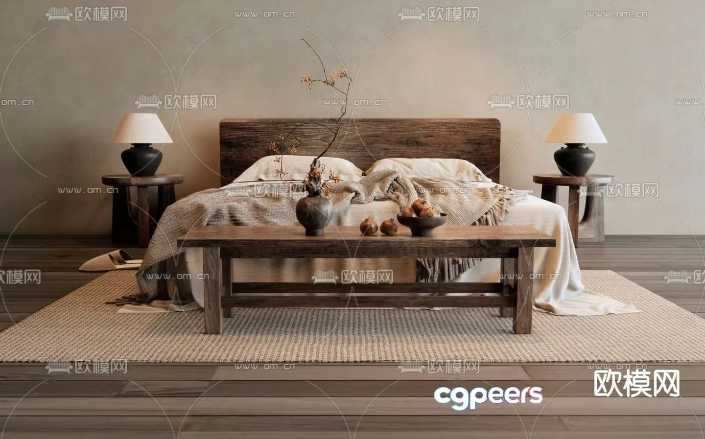 Wabi-sabi double bed 3d model