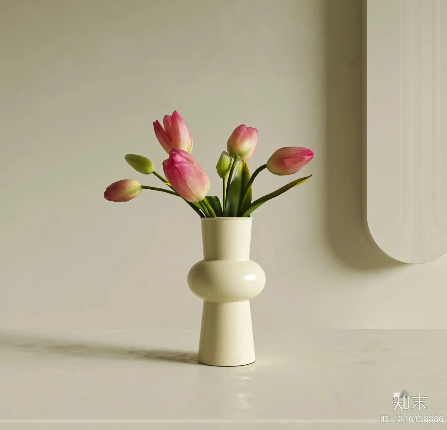 A White Vase With Pink Tulips 3D Model – 13890 – VRAY Render