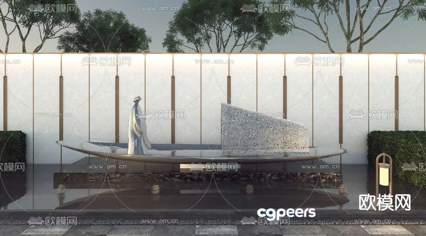 New Chinese sculpture sketch landscape wall boat 3D model