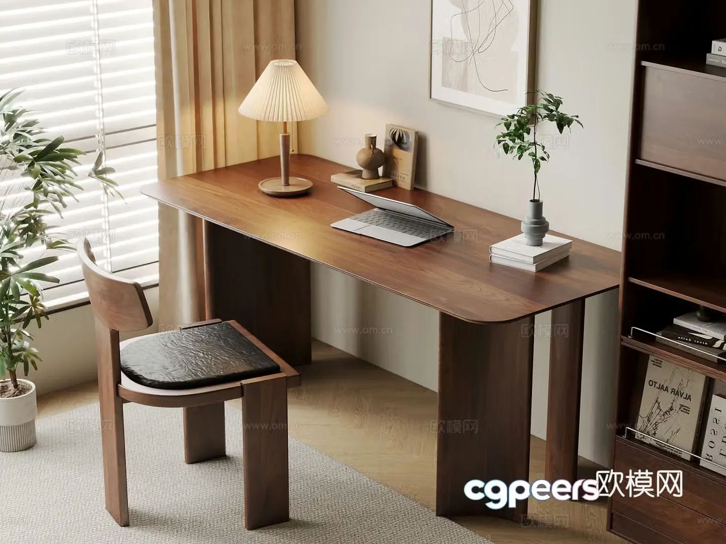 Middle-aged style desk and chair solid wood computer desk and chair writing desk study desk and chair solid wood single chair bookcase 3D model