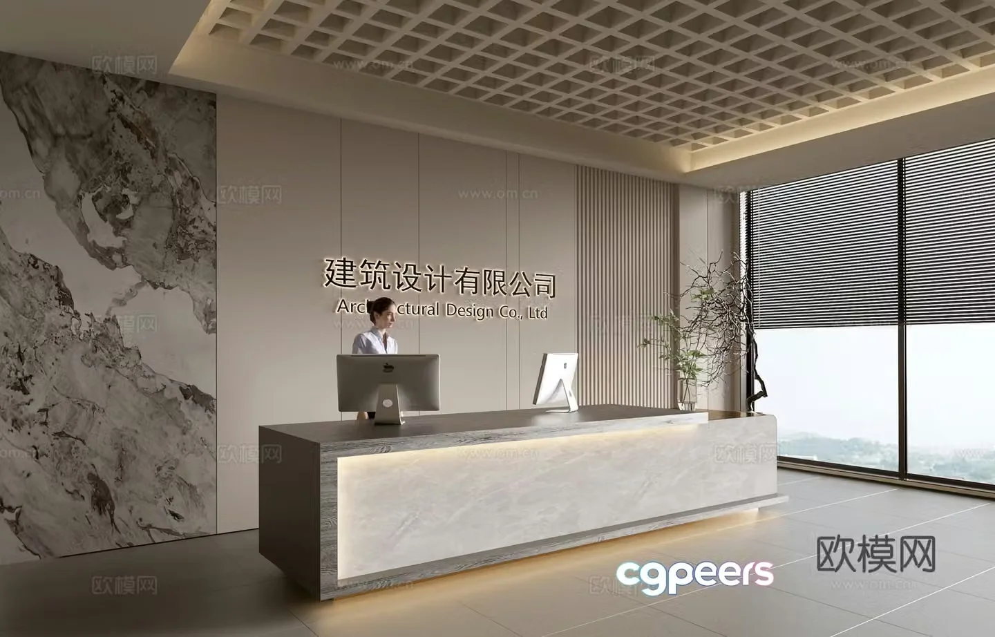 Modern company front desk reception area bar reception desk service desk company front desk background 3D model