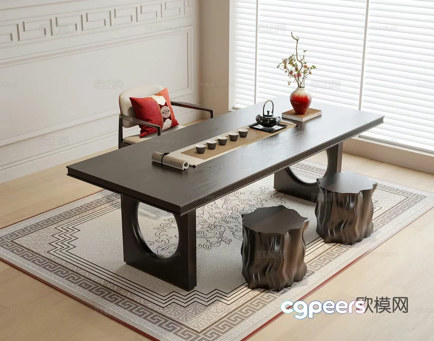 New Chinese tea table and chairs 3d model