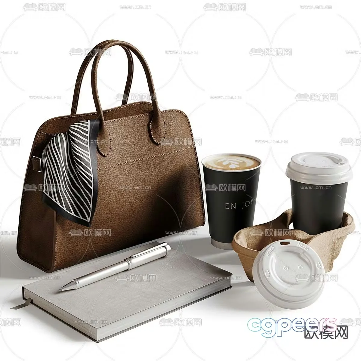 Office Supplies Desktop Decorations Leather Bag Coffee Notepad 3D Model
