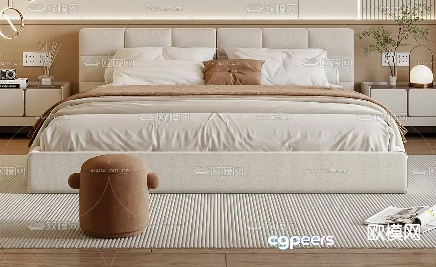 Cream style double bed 3d model