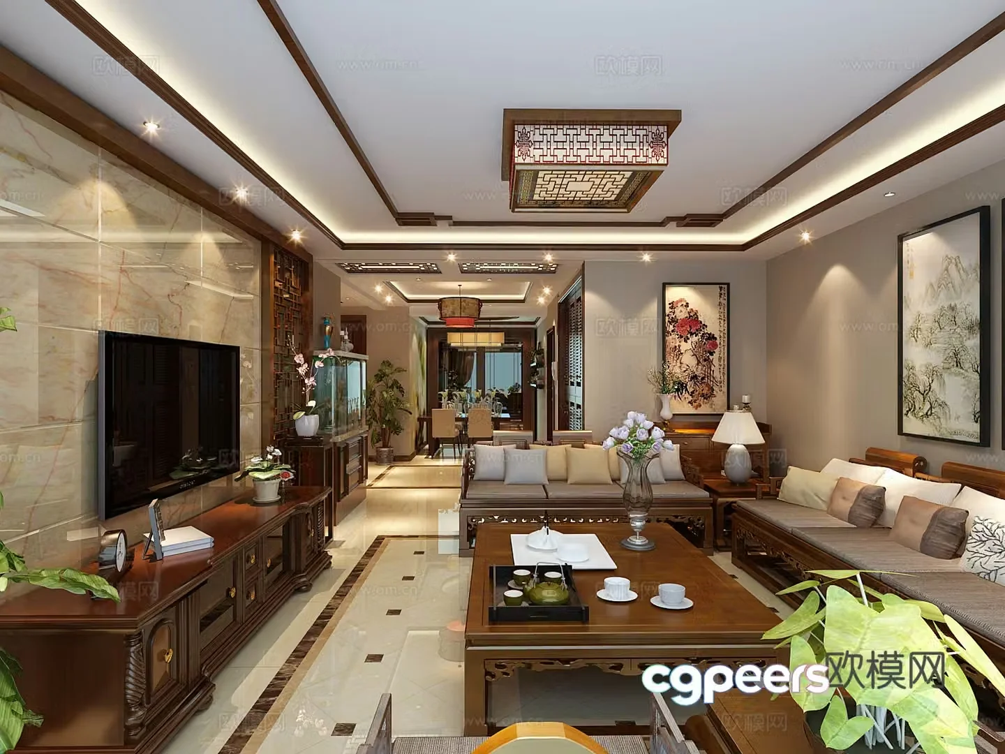 New Chinese style living and dining room chandeliers table lamp multi-person sofa single sofa coffee table decorative cabinet 3D model