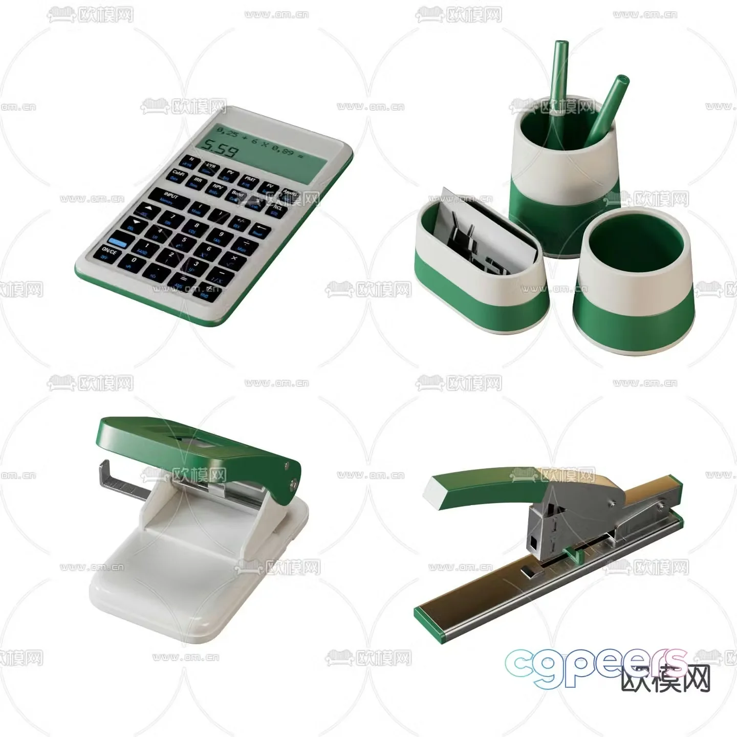 Stationery office supplies calculator pen holder business card box stapler 3d model