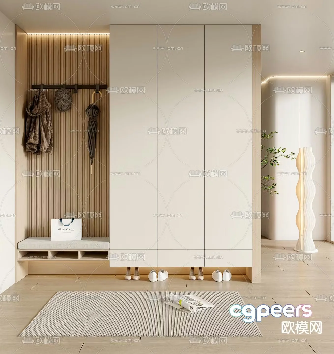 Entrance shoe cabinet and shoe changing stool 3D model