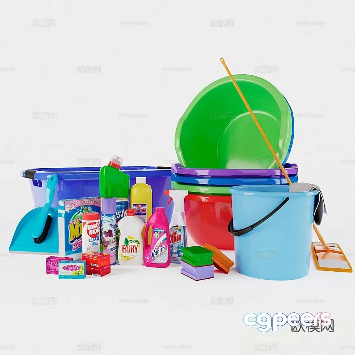 Modern daily necessities mop bucket disinfectant laundry detergent cleaning supplies 3d model