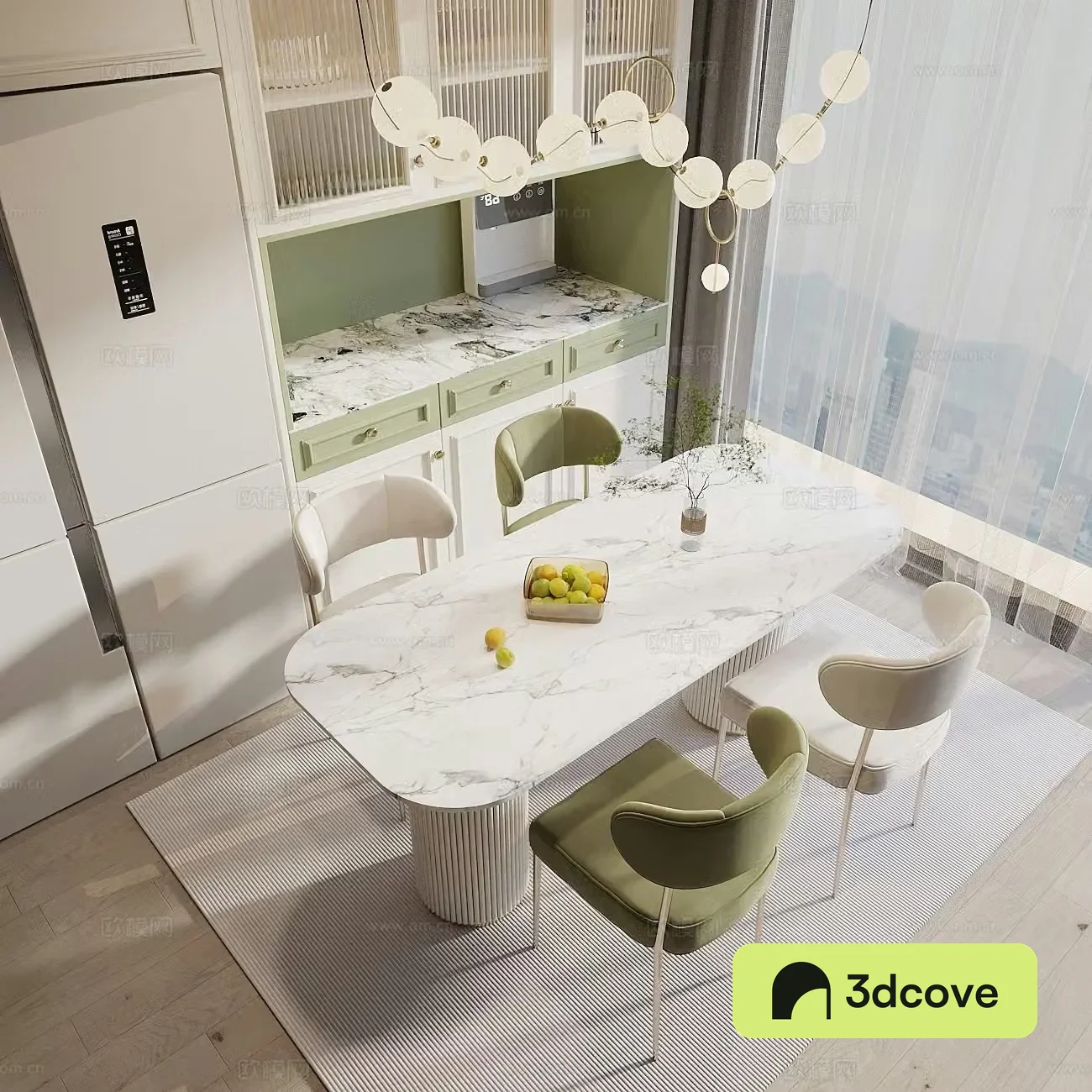 Modern cream style dining table and chair combination long table restaurant chandeliers wine cabinet sideboard refrigerator