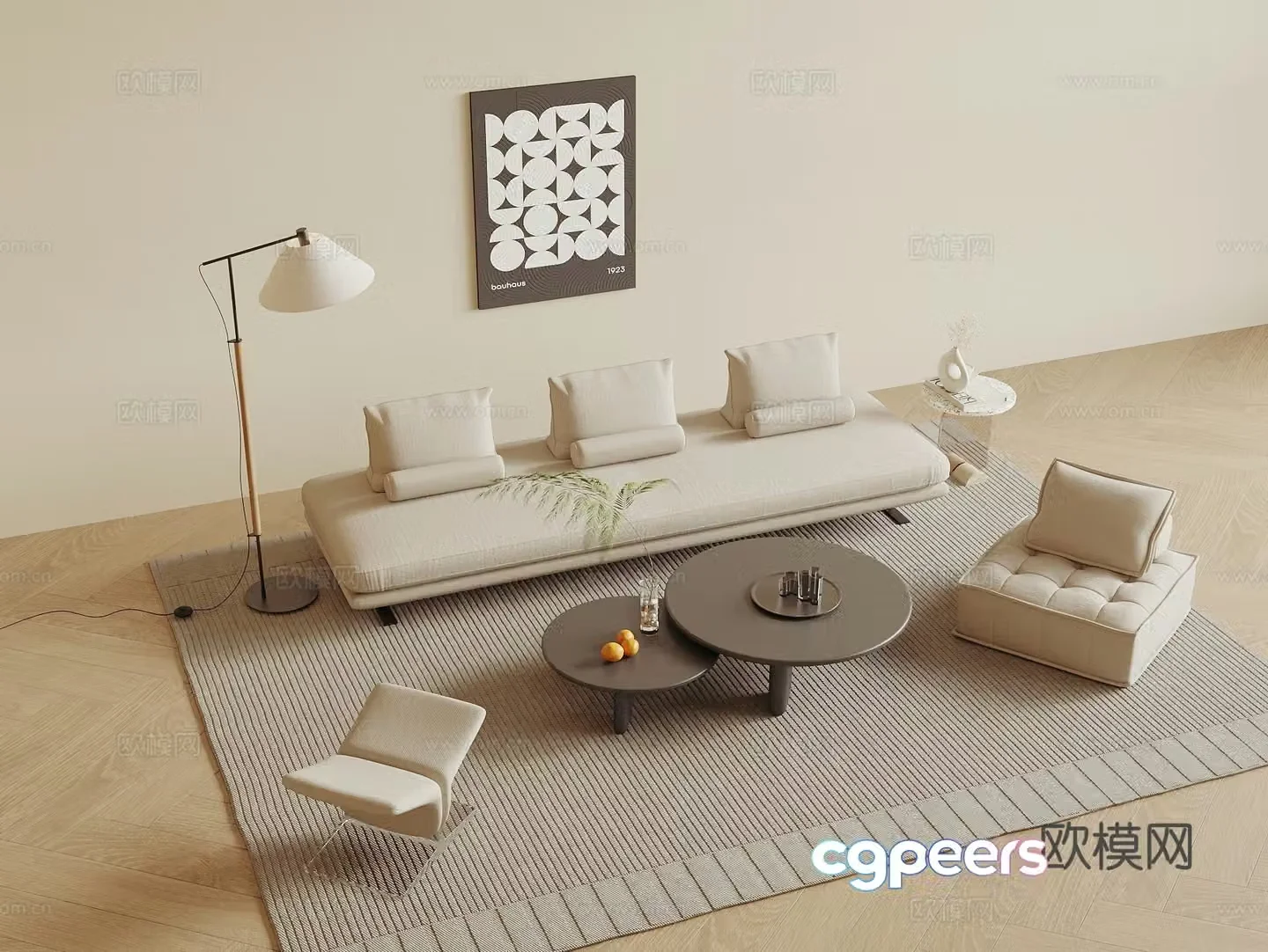 Modern sofa coffee table combination three-person sofa single sofa painting living room sofa floor lamp 3D model