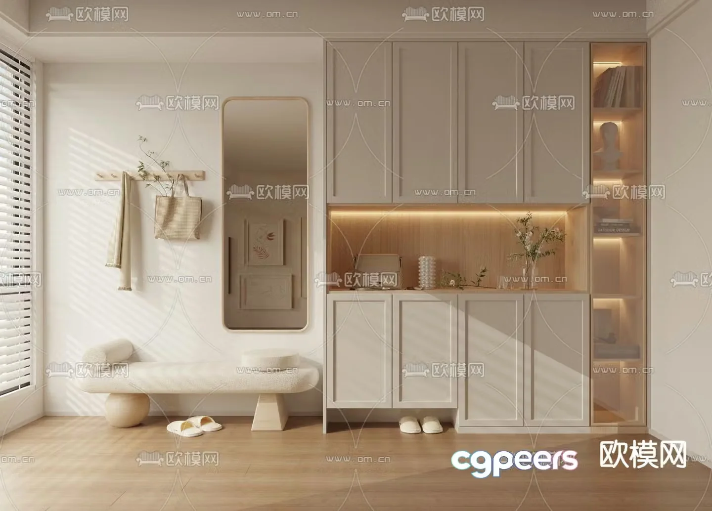 Cream style shoe cabinet 3D model of shoe changing stool