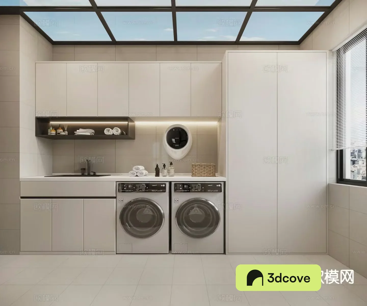 Modern laundry room washing machine cabinet