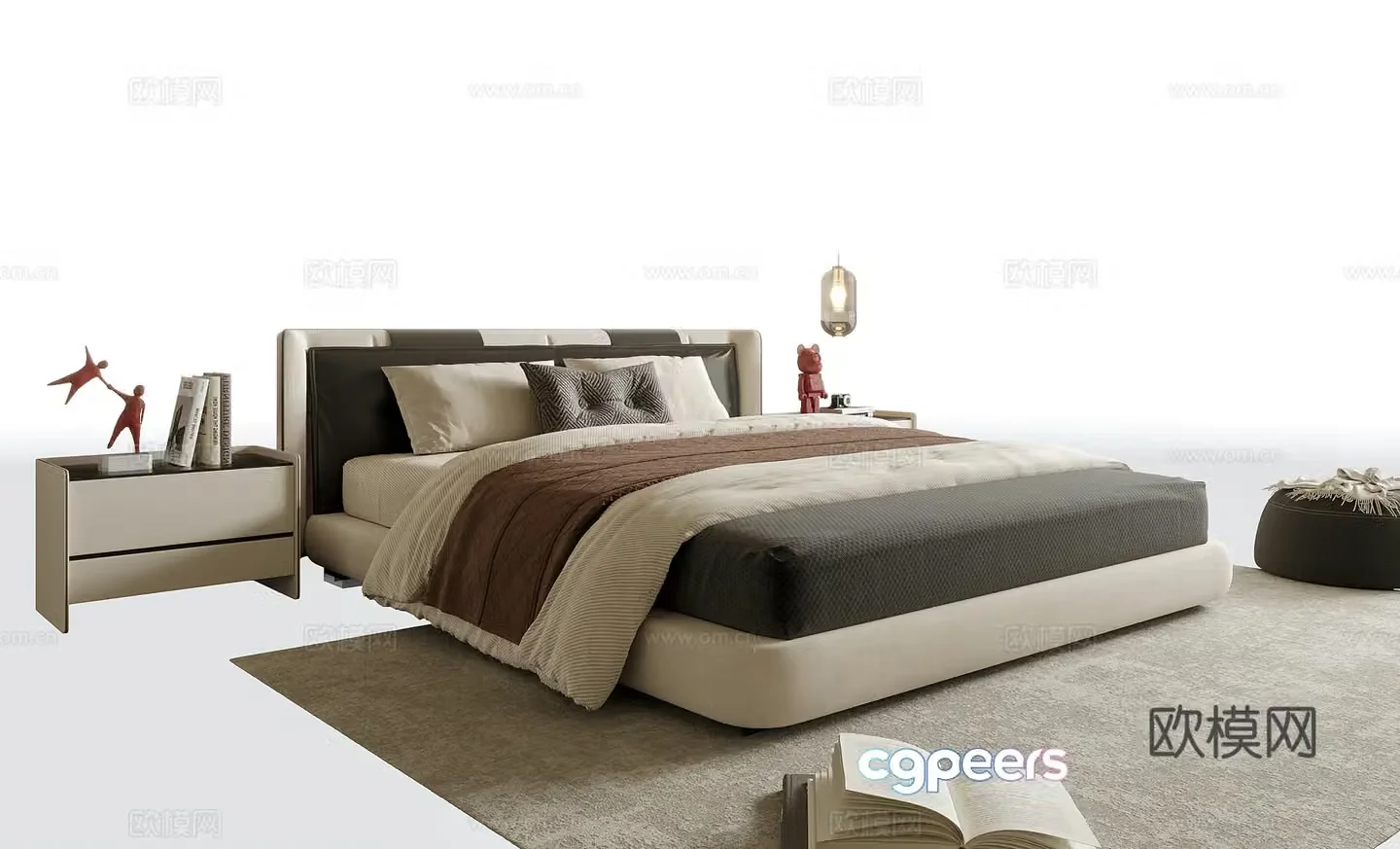 Modern double bed bedside table bedside chandeliers 3d model