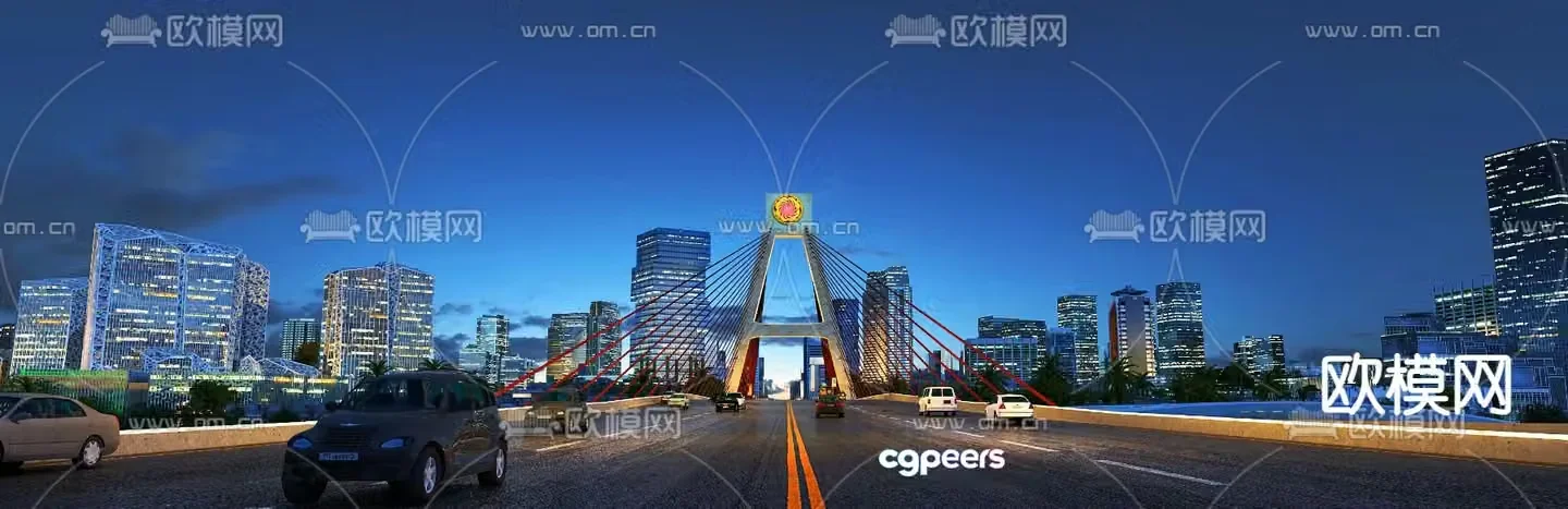 City road bridge night view 3d model