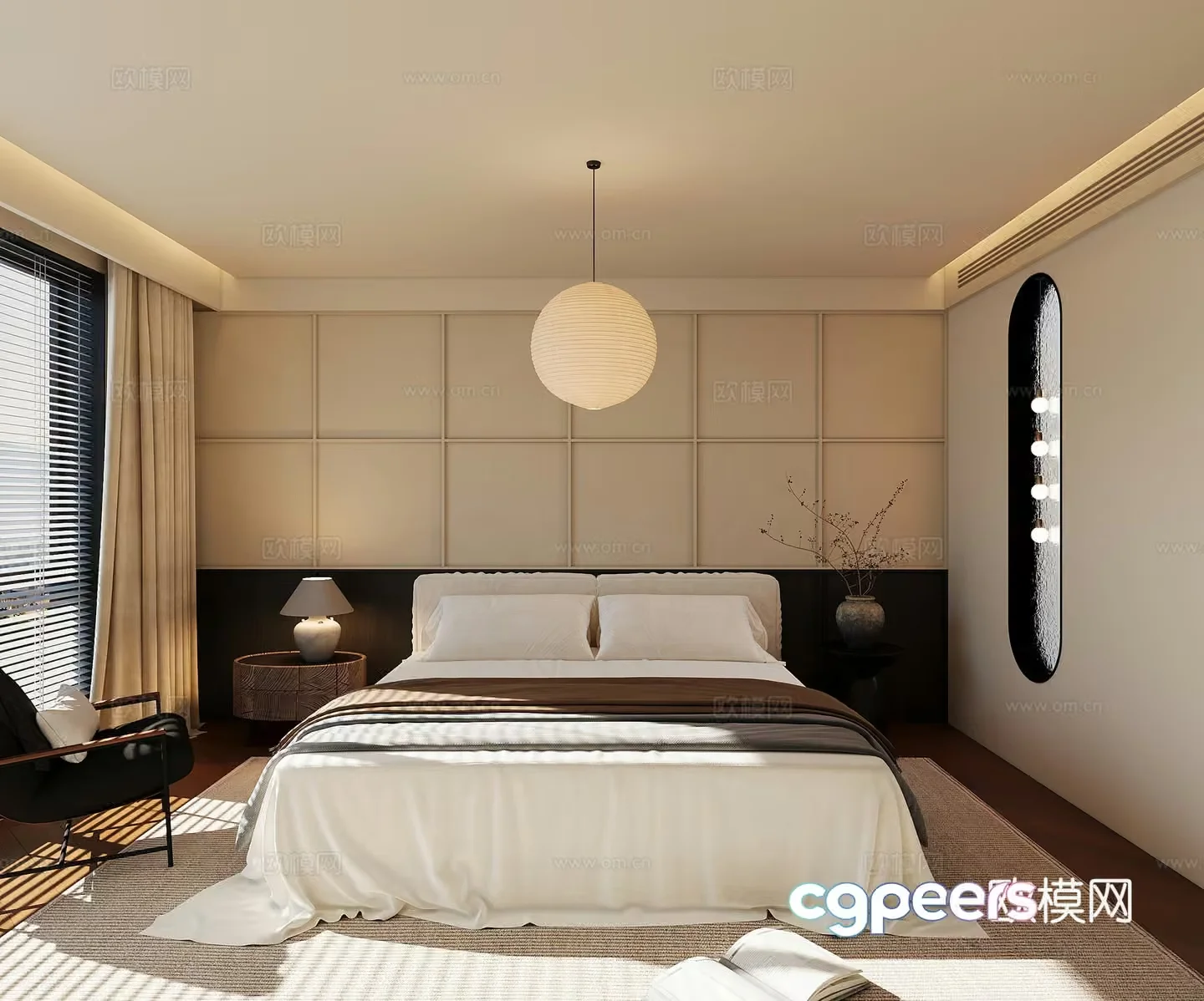 A Bedroom With A White Bed 3D Model – 18820 – VRAY Render