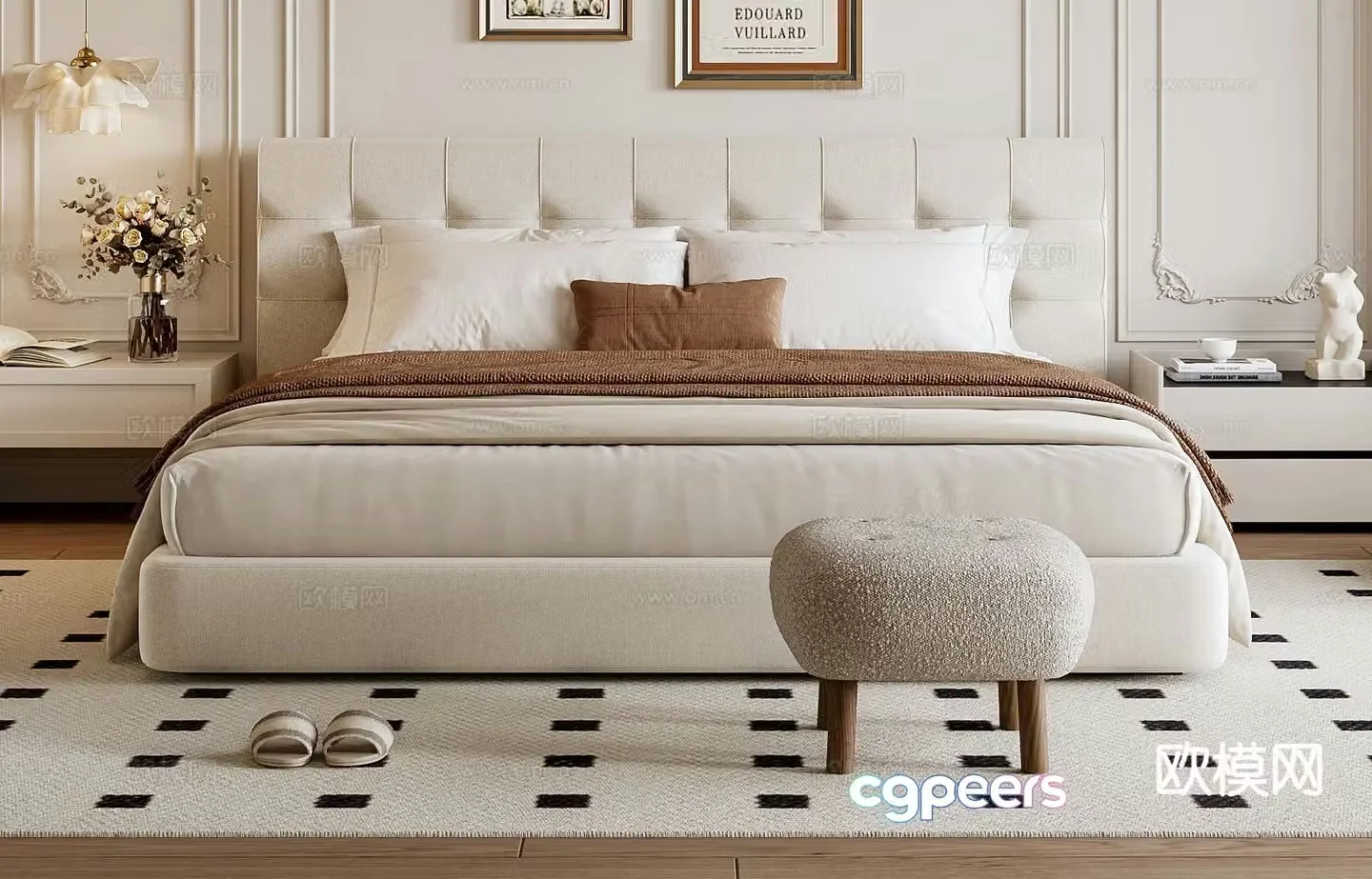 Cream style double bed 3d model
