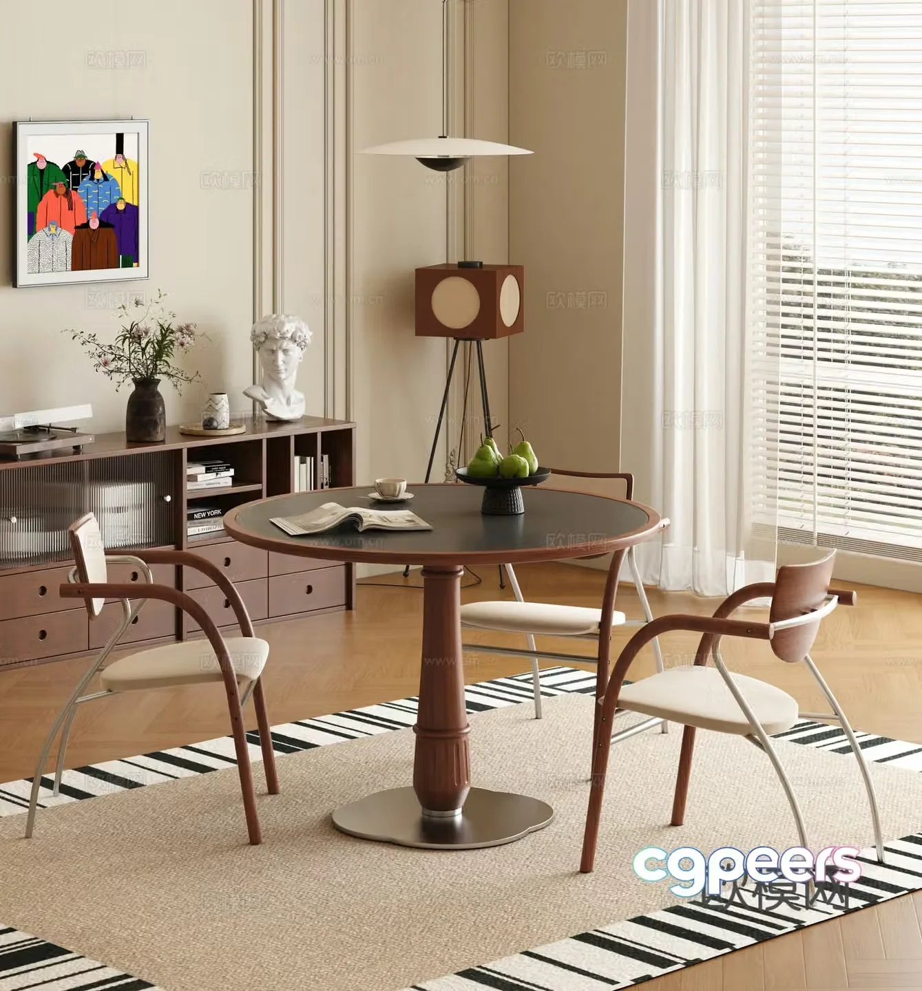 Medium vintage dining table and chairs Round dining table and chairs Medium style round dining table and chairs Solid wood round dining table and chairs Casual 3D model